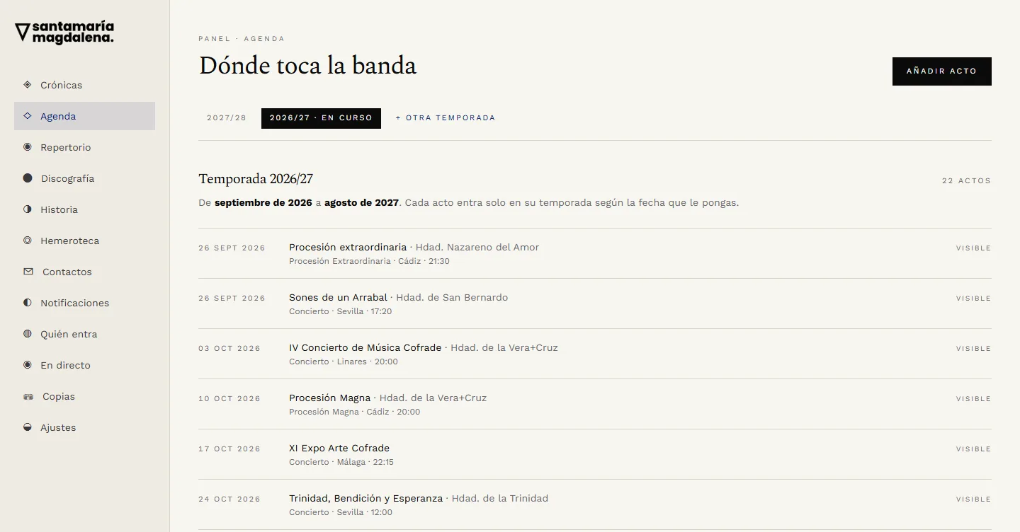 Panel de Santa María Magdalena: Agenda