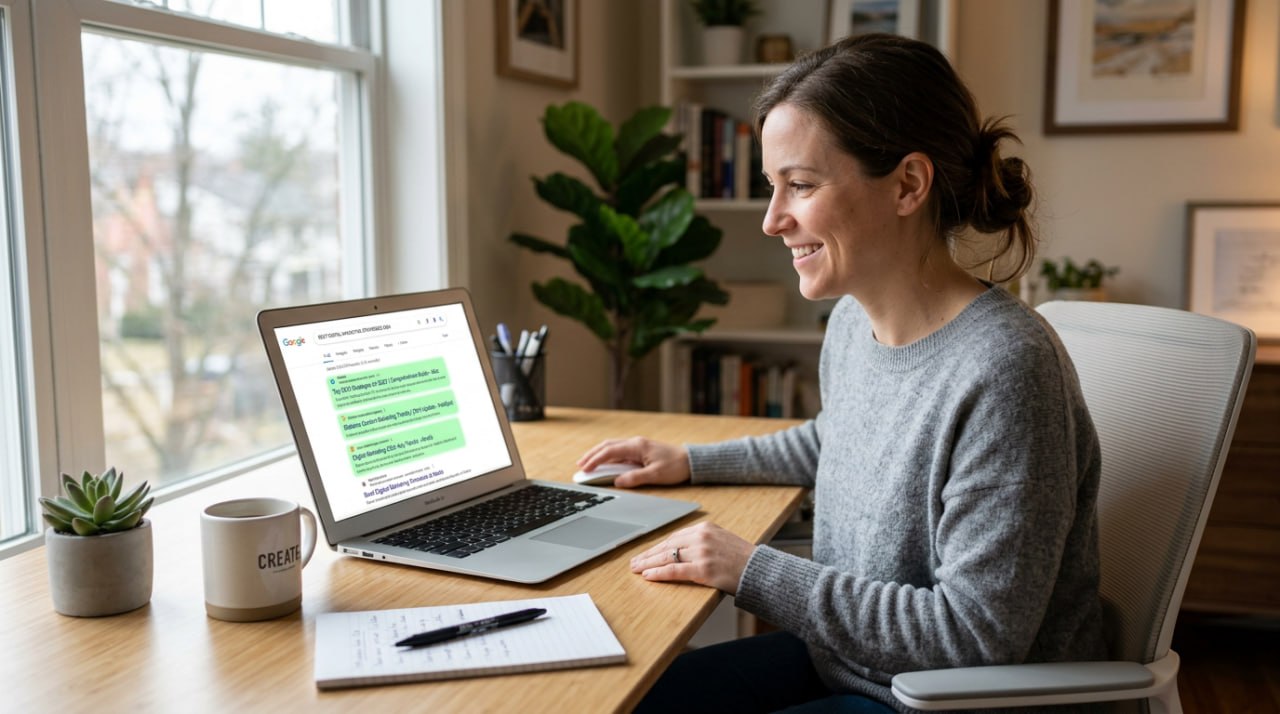 Cliente revisando resultados SEO en Google — Agencia Si Me Buscas Sevilla