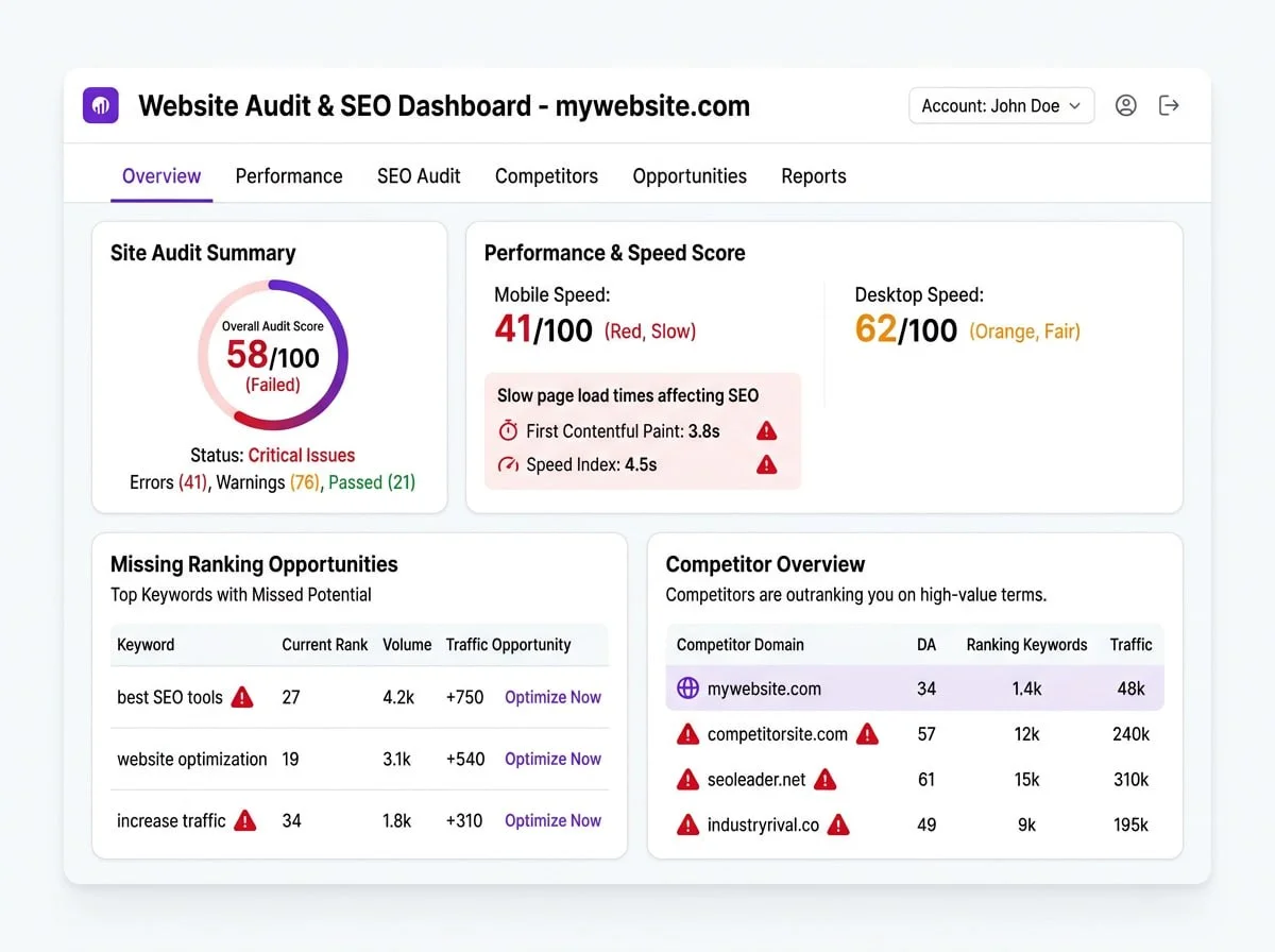 Auditoría SEO web con errores críticos de posicionamiento: velocidad, oportunidades de ranking perdidas y análisis de competencia