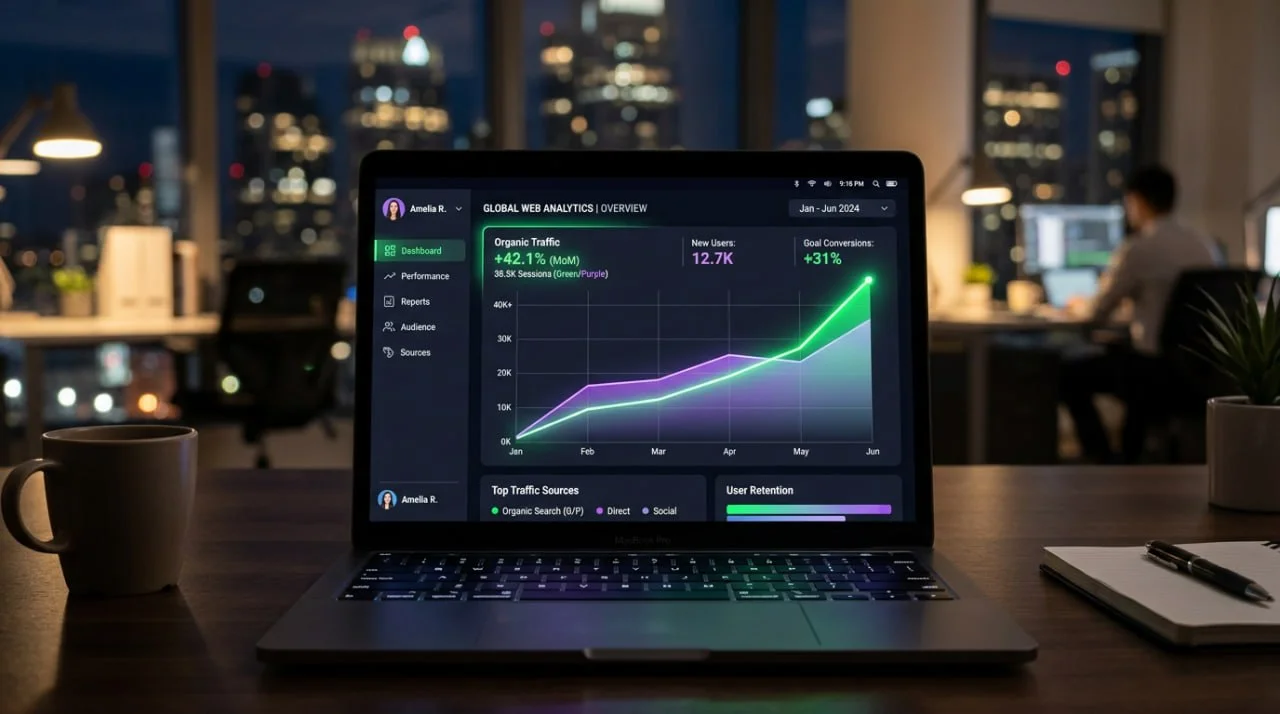 Dashboard de analytics mostrando crecimiento de tráfico orgánico SEO para pymes Dashboard de analytics mostrando crecimiento de tráfico orgánico SEO para pymes