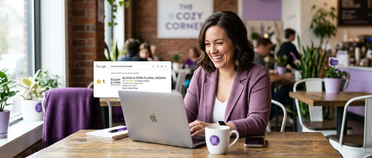 Propietaria de pyme sonriendo al ver su negocio en primera posición de Google Propietaria de pyme sonriendo al ver su negocio en primera posición de Google