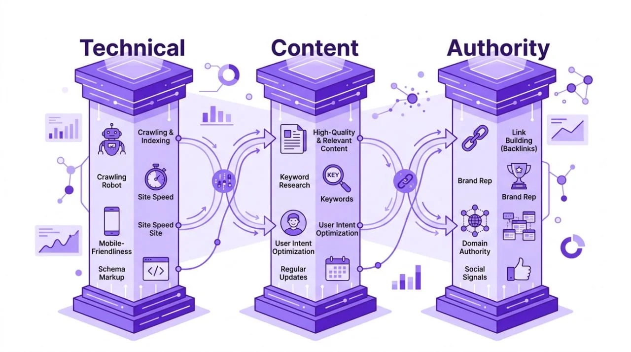 Los 3 pilares del posicionamiento web SEO: técnico, contenido y autoridad
